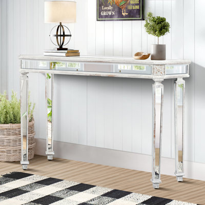 Vintage Carving Mirror Console For Table - Solid Structure, 48"W X 32.7"H 13.45"D Curved Wood Grain, Open Storage, Living Room Furniture