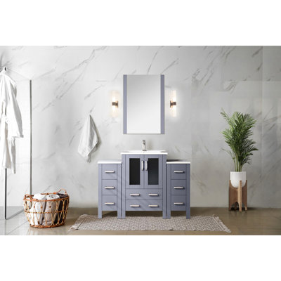 Dark Grey 48 In. Wide Single Vanity For Bathroom With Side Cabinets, White Ceramic Countertop And Faucet Included - Soft Closing Drawers Silent Closure, Plenty Of Storage In One Interior Cabinet