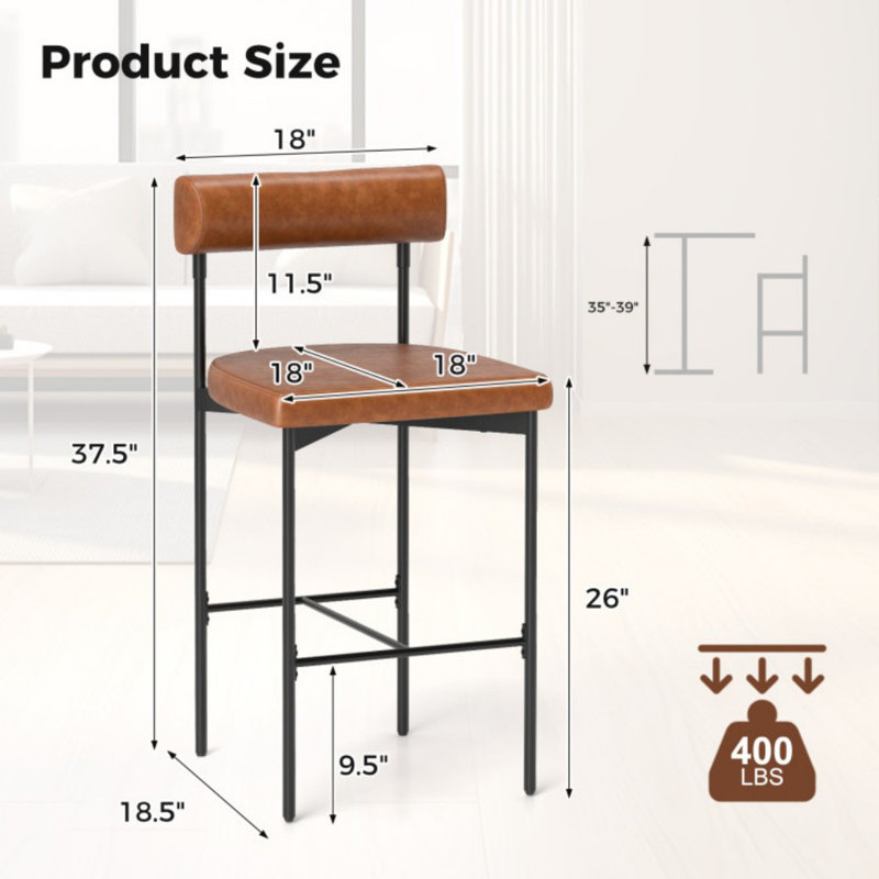 Ensemble de 2 tabourets de bar 20 pouces à hauteur de comptoir avec dossier, Brun