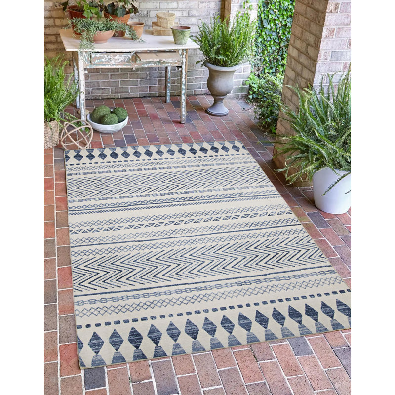 Tapis intérieur / extérieur ivoire / bleu Kivett, Rectangle 3 pi x 5 pi