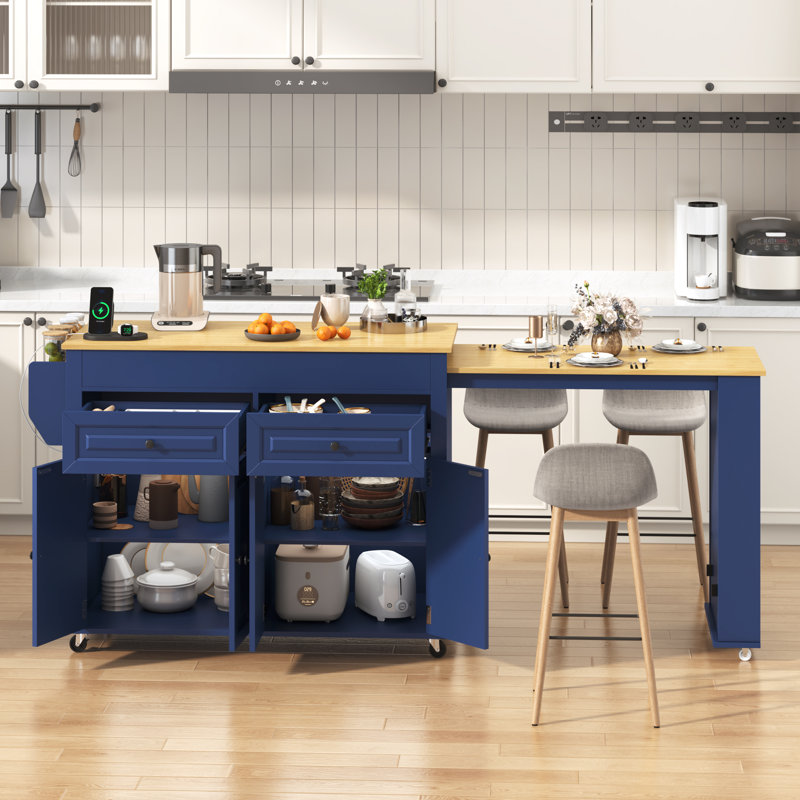 80.63" Extendable Kitchen Island With Power Outlet, 2 Storage Drawers, Open Shelves, Blue