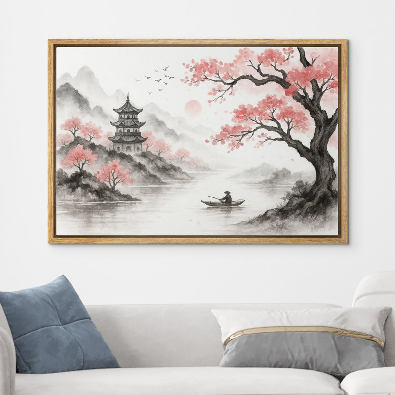 «Cherry Blossom Riverside Pagoda Scene», reproduction d'art sur toile encadrée dans la chambre principale, Naturel