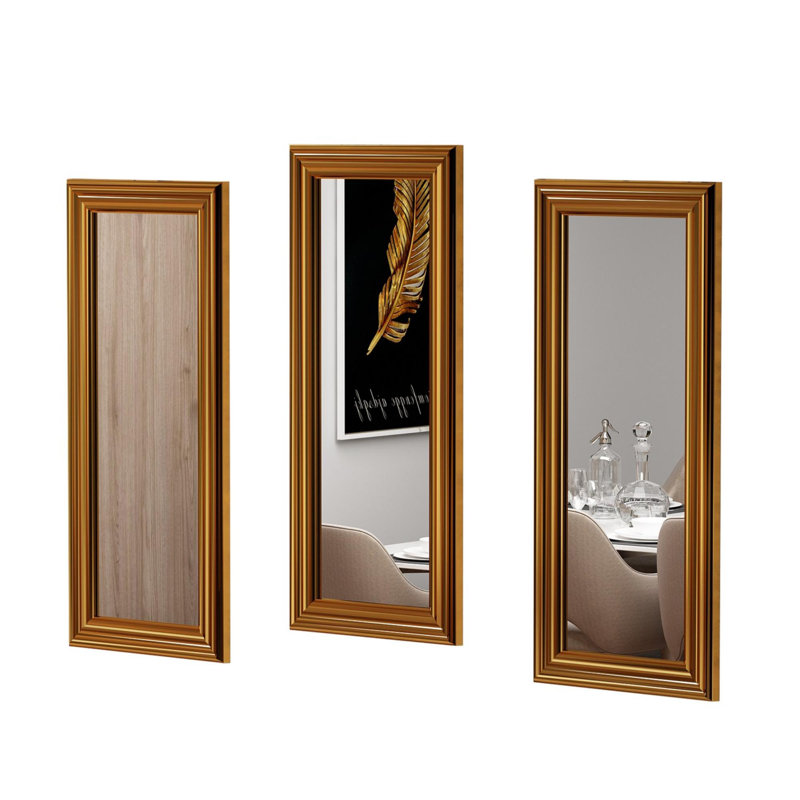 Elegant 3-Piece Mirror Set, Bright Gold Frame, 11.8 x 27.6 x 1.2 inches | 100% MDF, Eco-Friendly Flotal-E Glass | Perfect for Dresser or Wall Mounting, Traditional Design for Timeless Home Decor