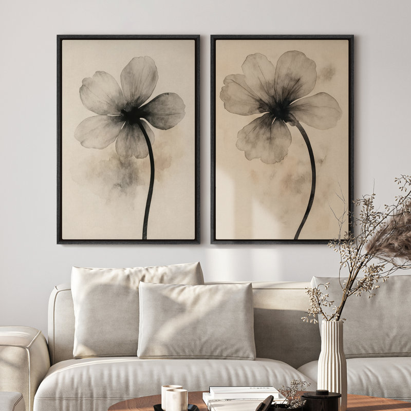 Art mural encadré sur toile - Neutres motifs floraux abstraits - 24 po x 36 po, H 36 po x l 24 po, Noir