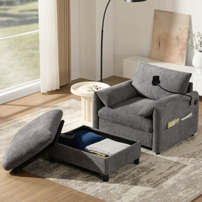 38" Single Sofa With Storage Ottoman, Adjustable Phone Holder, USB Charger, Side Storage Pockets, Pillow-Like Armrests, Wide Seat Chaise Lounge For Living Room