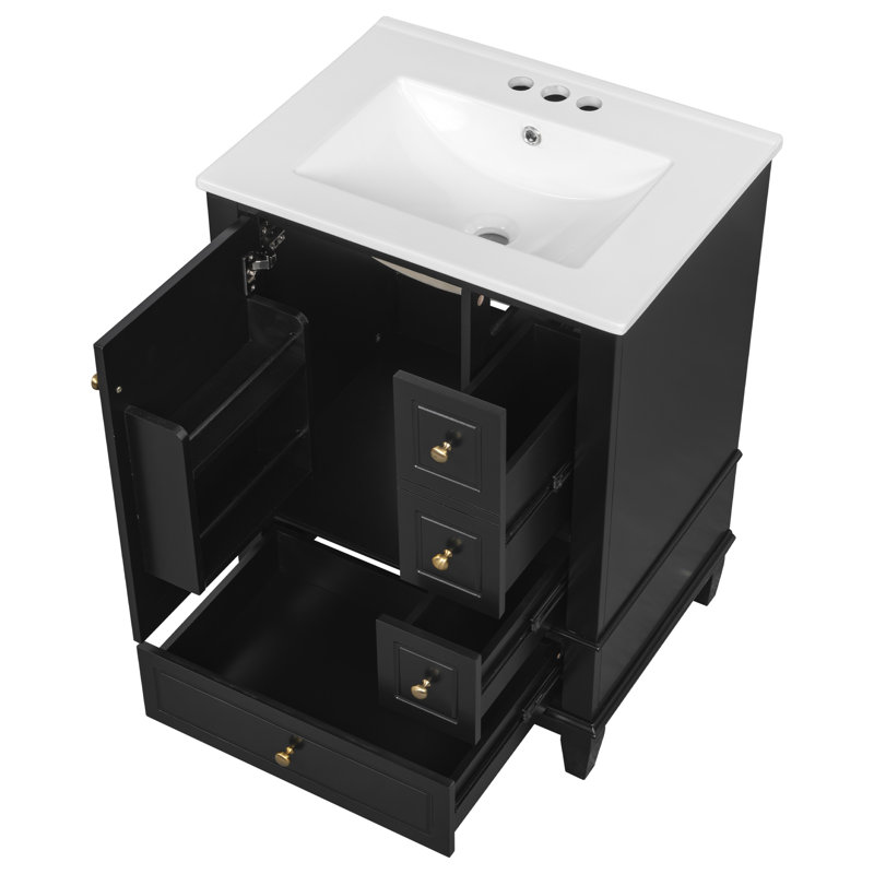 24" Bathroom Vanity With Sink And Drawers,   Freestanding Vanity Cabinet With Ceramic Top And Storage Shelves, MDF And Solid Wood Base, Modern Sink Cabinet For Small Bathrooms