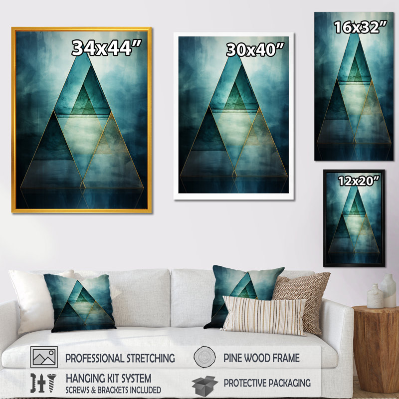 Emerald Blue Pyramid Shapes I, Gold Single Picture Framed, 32" H x 16" W x 1" D