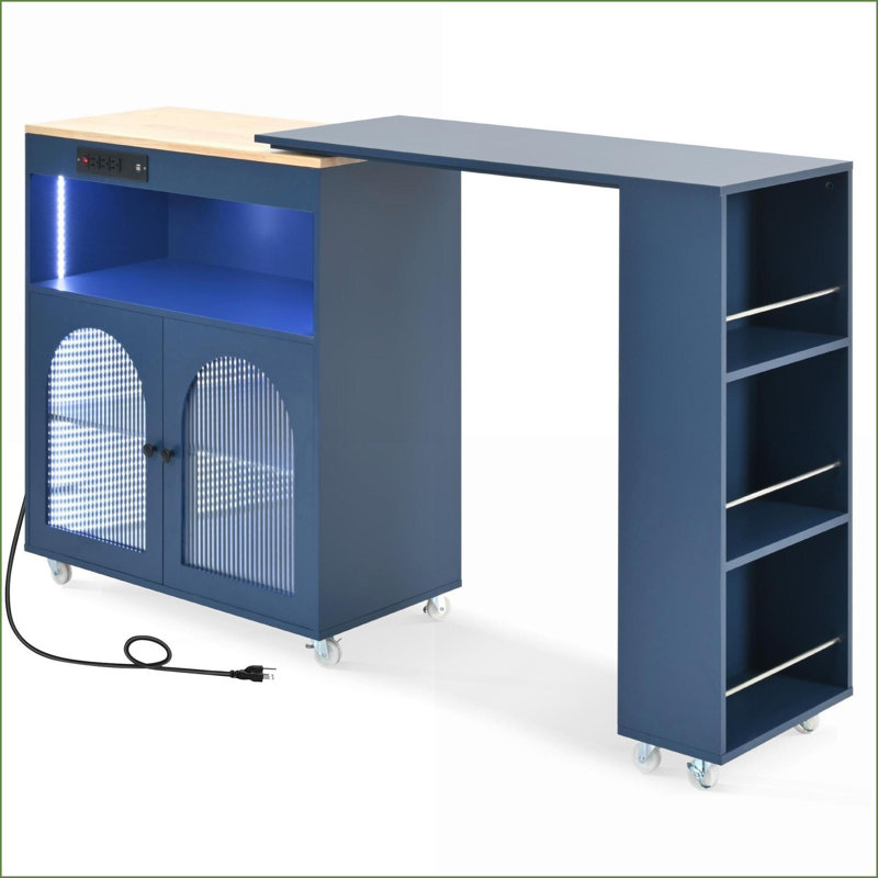 Îlot de cuisine sur roulettes avec table allongée, chariot roulant bleu marine avec lumières DEL, prises de courant et amp; Rangement | Moderne | Panneau de fibres à densité moyenne