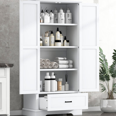 Armoire de salle de bain haute - blanc, 2 portes, 1 tiroir, tablettes réglables, protection incluse, blanc avec planche de rangement, mécanisme de basculement