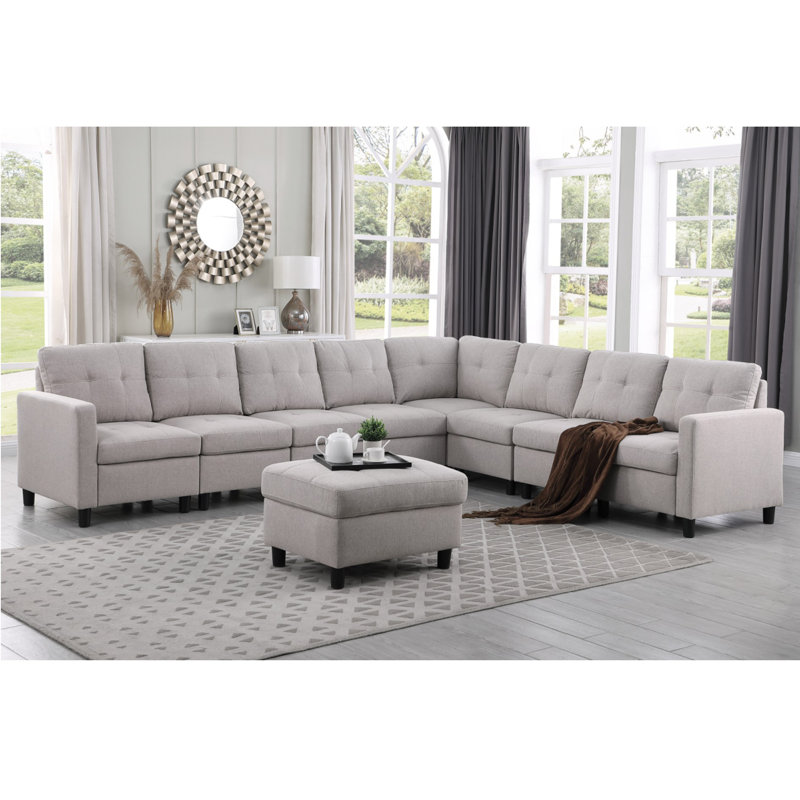 Kentrell 9 - Piece Upholstered Sectional With Ottoman, Light Gray Linen