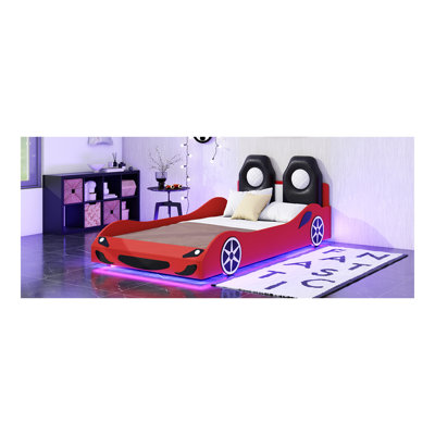 Lit plateforme simple en forme de voiture de course avec DEL et dossier rembourré, rouge