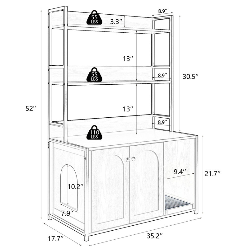 Armoire d'intérieur pour chat avec bac à litière et rangement pour tablette, tablette à gratter, salle de bain cachée, 2 portes, grand refuge brun stable, salle de bain, porte,