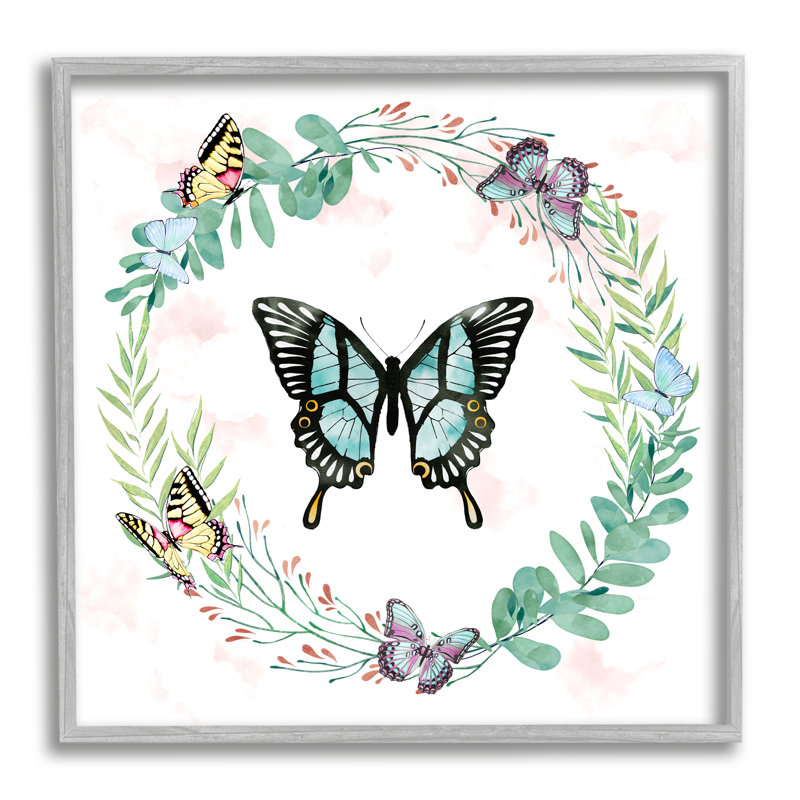 «Butterflies In Spring Botanical Wreathe Soft Green» par Ziwei Li - impression d'art graphique, H 12 po x l 12 po x P 1,5 po