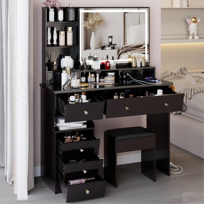 41" Large Size Left Drawer Desktop Vanity Table+Cushioned Stool Dresser Set, 2 AC+2 USB Power Station, Hair Dryer Stand, Extra Large Touch Control LED Mirror, 3-Color Switch, EPA, GCC, UL Certificate