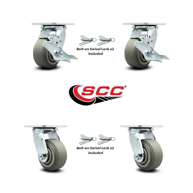 4 Inch Thermoplastic Rubber Caster Set with Roller Bearing 4 Swivel Lock 2 Brake|SCC-30CS420-TPRRF-TLB-BSL-2-BSL-2