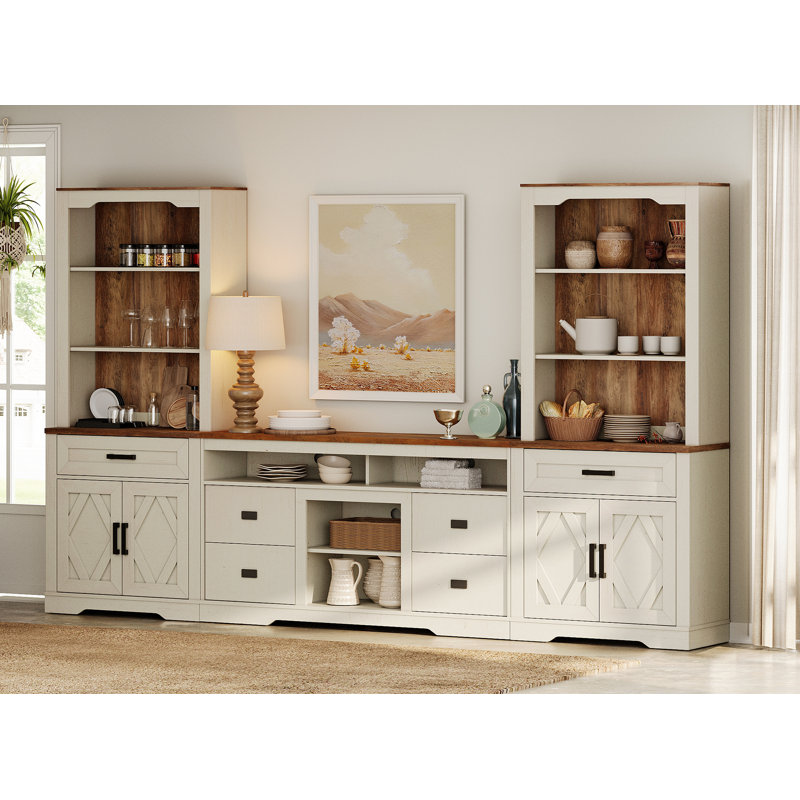 Ensemble de garde-manger de ferme 3 en 1 Glenford - 4 tiroirs + console centrale d'armoire et deux grands buffets (bases de porte de grange + 3 tablettes ouvertes), système de rangement H 73,3 po