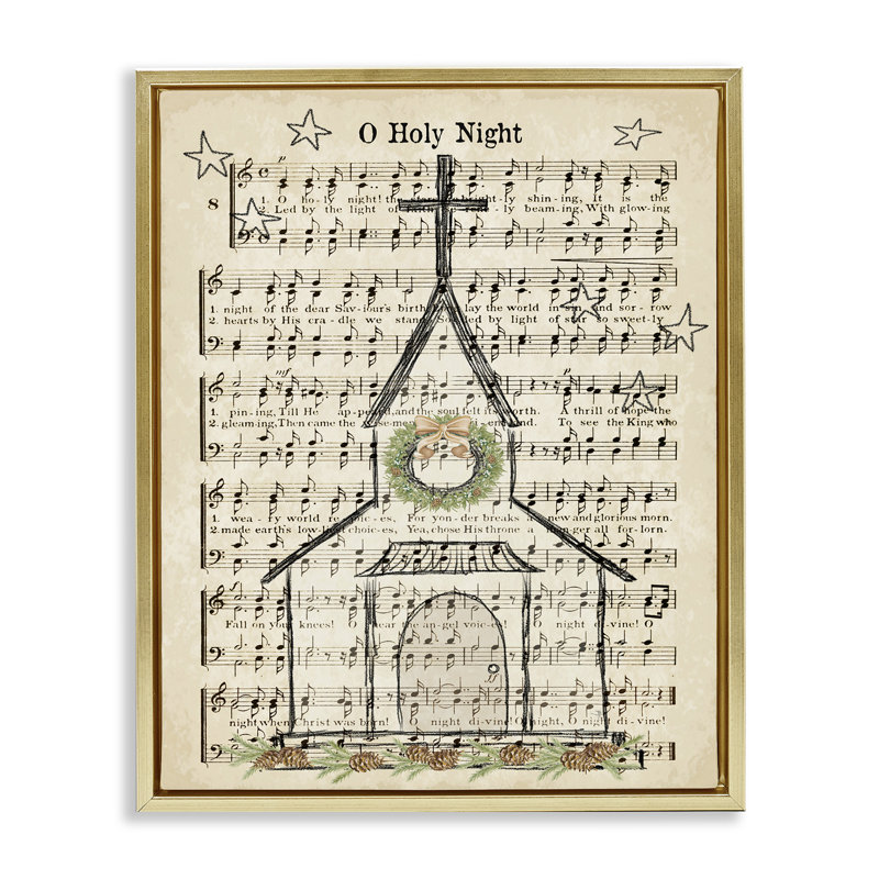 «Festive Sainte Night», écriture musicale sur toile à grain brun encadrée par Andi Metz, H 31 po x l 25 po