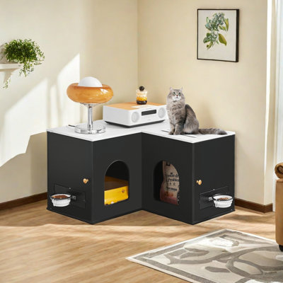 Meuble de coin pour litière caché en coin, double bac à litière avec bac à chat pliable pour 2 chats, noir