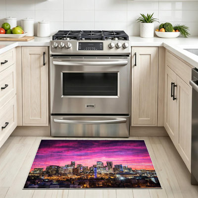 Pink Downtown Denver Sunrise Skyline Building City Clouds Sky Machine Washable Indoor Area Rug