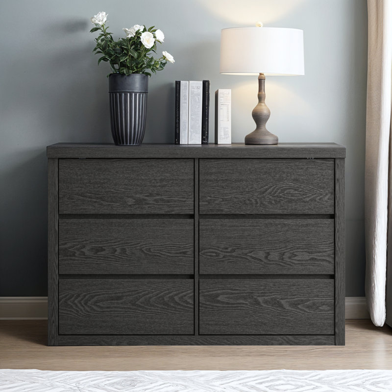 Brannick 46.5" W Handleless 6-Drawer Double Dresser, Dark Gray Oak