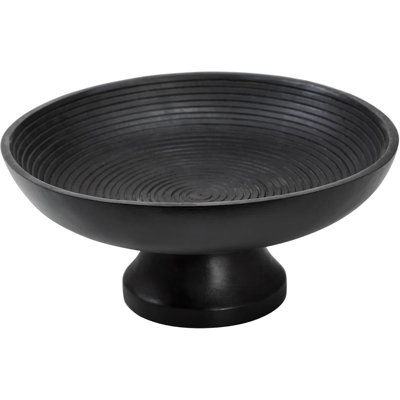 12 Inch Ribbed Tropical Wood Pedestal Bowl, Matte Black Decorative Centerpiece for Farmhouse Kitchen Counter