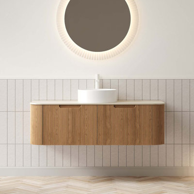 Ensemble de meuble-lavabo et lavabo 48 po 48 po, armoire de rangement en contreplaqué rayé à bord arrondi avec 2 tiroirs, lavabo rond en céramique et plateau en pierre frittée, pré-assemblé