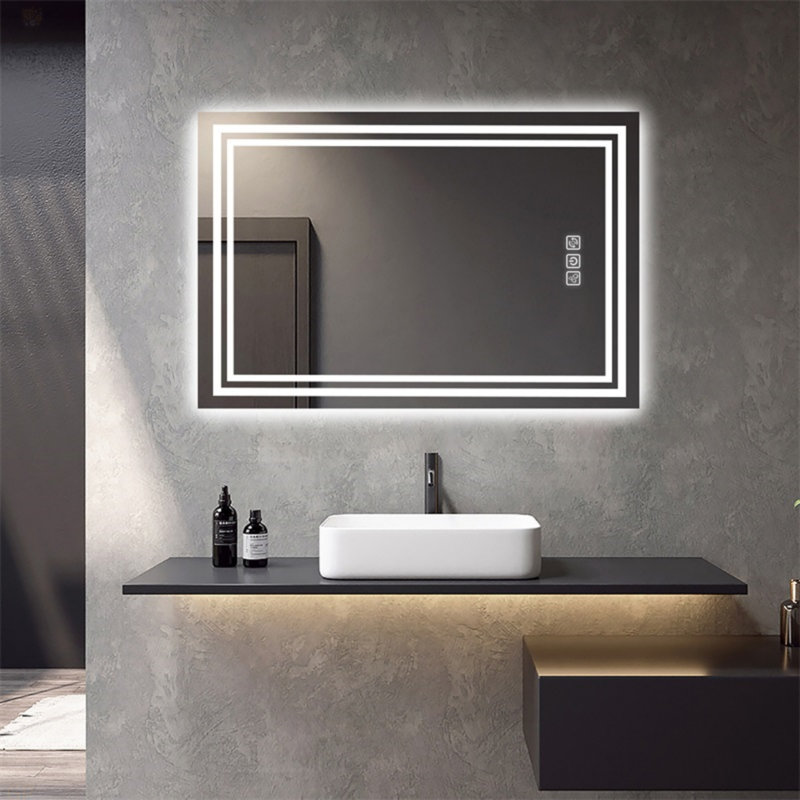 Miroir de salle de bain à DEL 40 po x 32 po à l'avant et à l'arrière, désembuage 5 minutes, miroir de meuble-lavabo mural 5 mm à réflexion intégrale HD, 3 couleurs à intensité variable, CRI90 +, fonction de mémoire (à brancher / câblé)