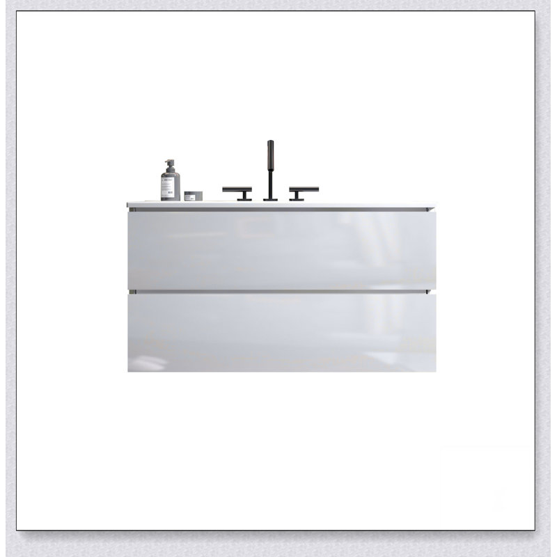 Meuble-lavabo mural avec lavabo en céramique avec trois trous de robinet, grand meuble-lavabo flottant de rangement pour salle de bain moderne, pré-assemblé