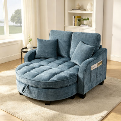Two-seater sofa, double sofa chaise longue, with irregular armrests and backrests, footrest with storage space, comes with two small throw pillows, suitable for living room and bedroom -Blue
