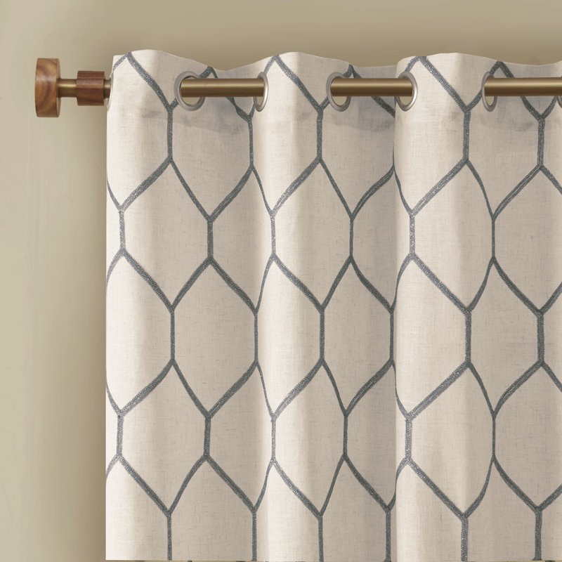 Gray Geometric Embroidered Light-Filtering Curtain Panel
