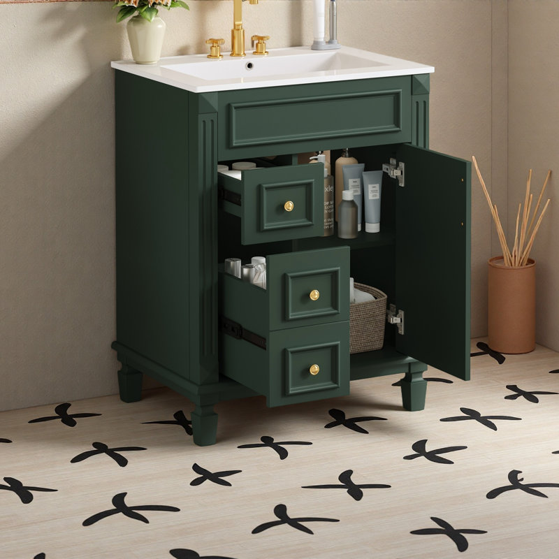 Meuble-lavabo 24 po avec lavabo en céramique, petite armoire de salle de bain, armoire moderne avec 2 tiroirs et tablette réglable