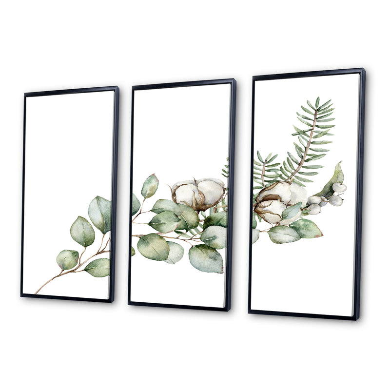 " Christmas Bouquet With Eucalyptus Branches " 3 - Pieces Painting Print, Black, 32" H x 48" W