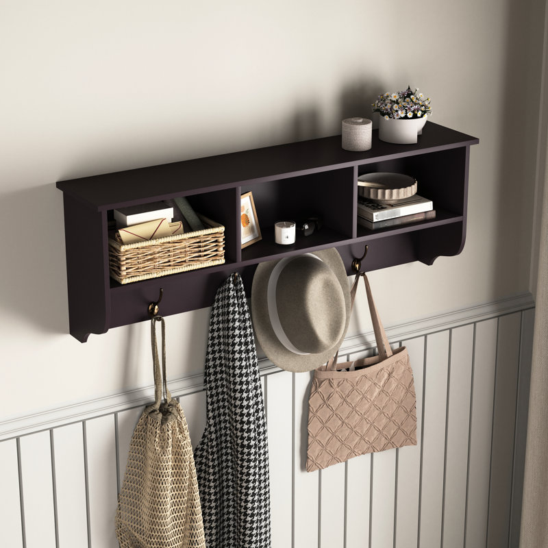 Wall Mounted Coat Rack With Storage Shelf And 4 Hooks Functional Bedroom, Espresso