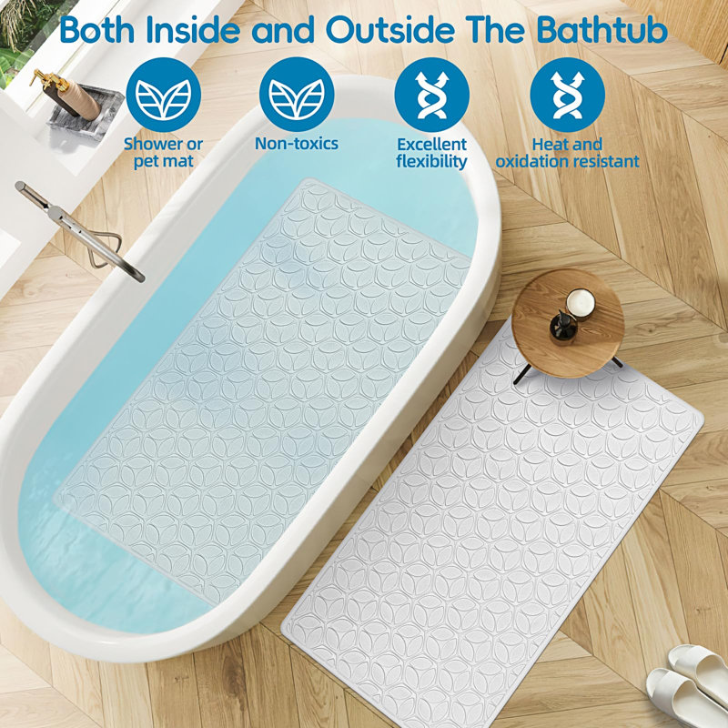 Bathtub Mat Non Slip With Suction Cups - 100% Rubber Bathroom Mat Textured For Bath Tub Shower Safety - Machine Washable - 16 × 28 Inch（White）