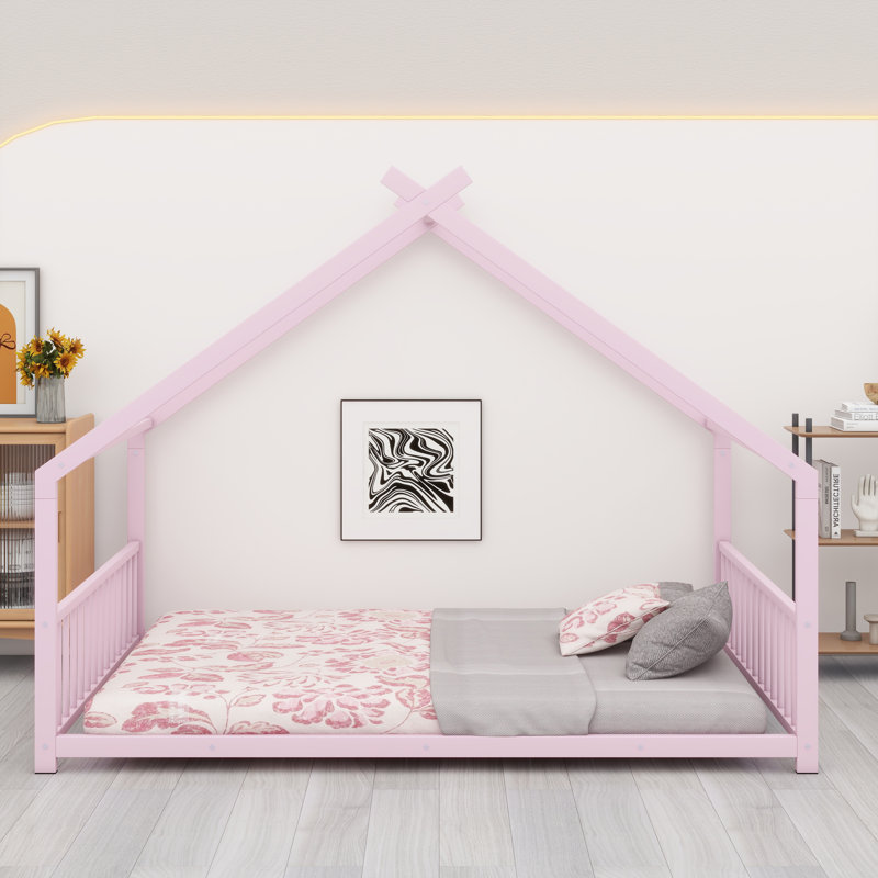Metal House Bed Frame with Classic Roof Design, Pink