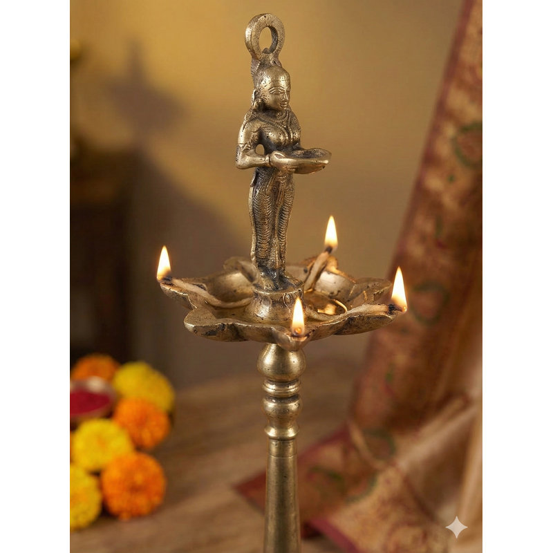 24-Inch Handcrafted Brass Deepalakshmi Lamp, 7-Wick Traditional Indian Goddess Diya for Altar & Home Decor