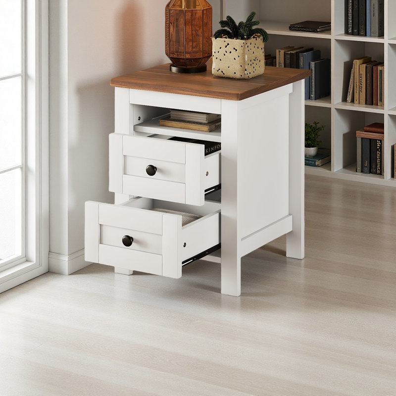 2-Drawer Farmhouse Wooden Nightstand With Well-Proportioned Design And Sleek Lines, White/Brown