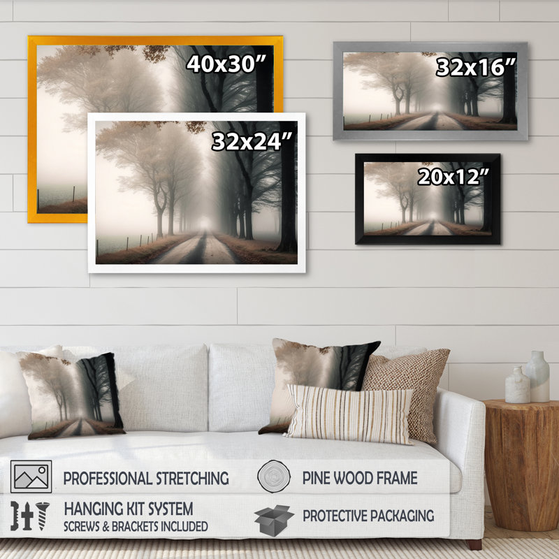 Art sur toile, "Misty Road Through The Forest II", Cadre simple noir, H 12 po x l 20 po x P 1 po
