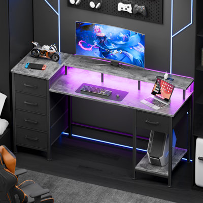 Computer Desk with Monitor Stand & Charging Station, Gaming Desk with LED Lights & Drawers