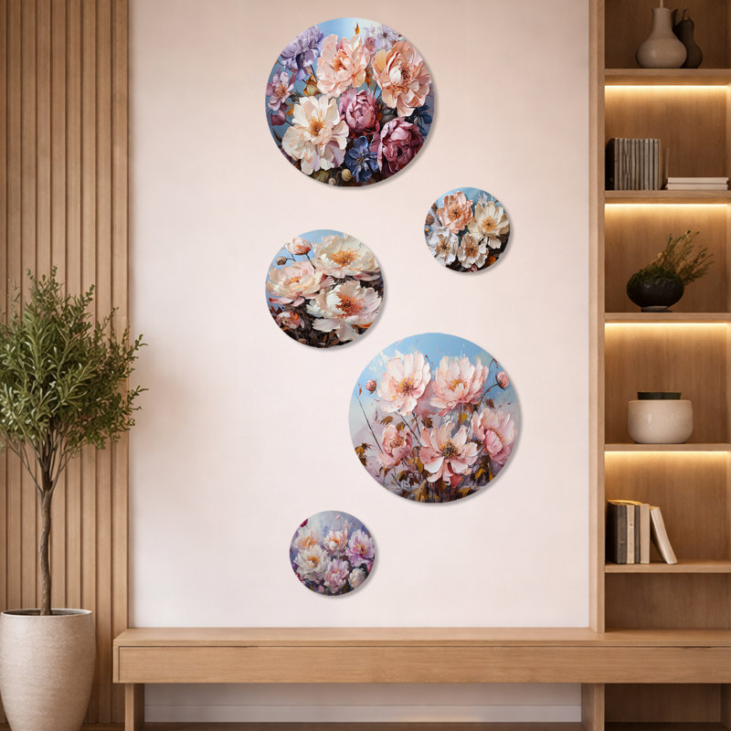Pivoine rose liquide Art Flower Field I - ensemble de 5 décorations murales en métal