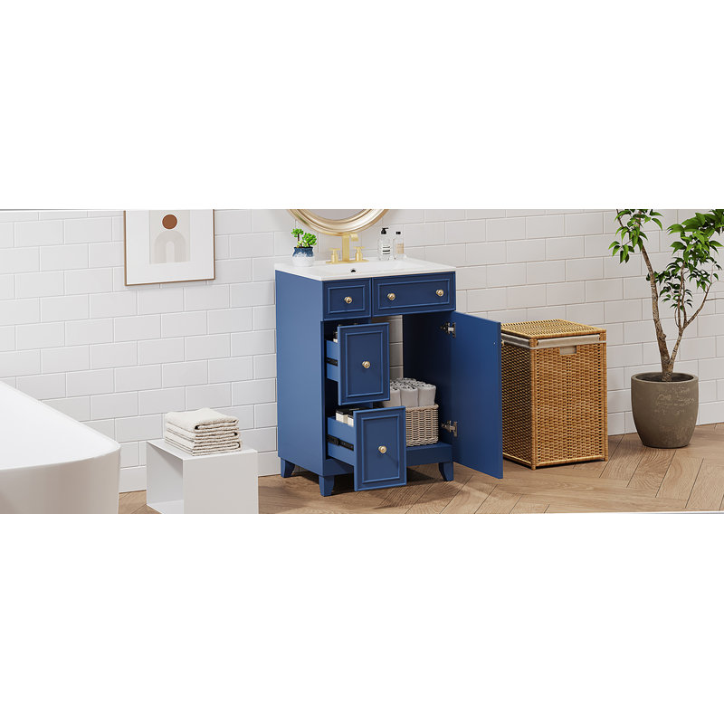 Armoire de salle de bain avec lavabo en céramique Athroom, 2 tiroirs, 1 porte, Bleu