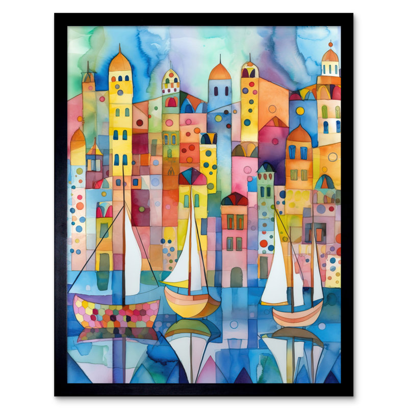 Modern Marina Colourful Cityscape Pattern Folk Art Watercolour Painting Artwork Framed Wall Art Print 9X7 Inch