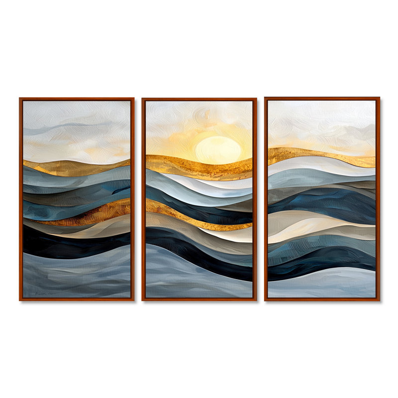 Ensemble de salon art mural jaune et gris audacieux au coucher du soleil II - Paysages abstraits, H 32 po x l 48 po x P 1 po