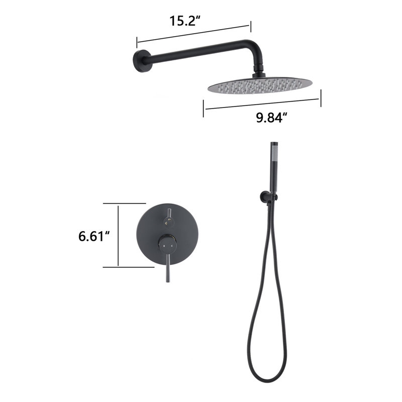 Douche murale en noir mat. Tête de pluie 10 po et à main. Valve d'équilibrage. Support réglable, rotation à 360 °. Corrosion. Débit de 1,8 gal / min. Type double. Compatible avec les tuyaux américains