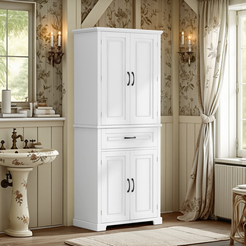 Dorry 72"H Bathroom Storage Cabinet with Adjustable Shelf and Drawer Multiple Storage Space Closet System, White