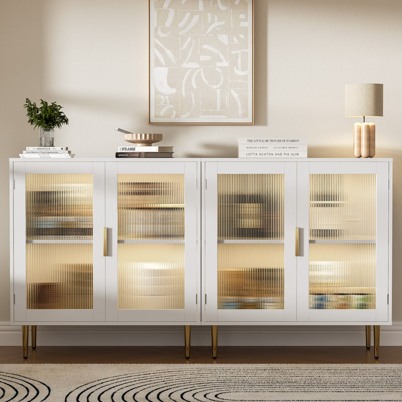 Buffet avec lumières à DEL, buffet avec 2 portes en acrylique cannelé, buffet moderne de 32 po avec tablette réglable, bar à café pour le salon, cuisine