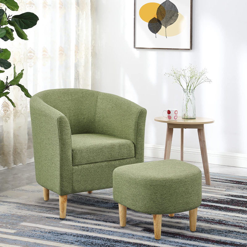 Upholstered 27" Wide Barrel Chair with Ottoman, Green Linen Blend