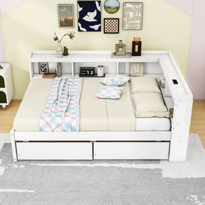 Lit de jour double en L avec ports de chargement USB, tiroirs de rangement et tablettes, Blanc