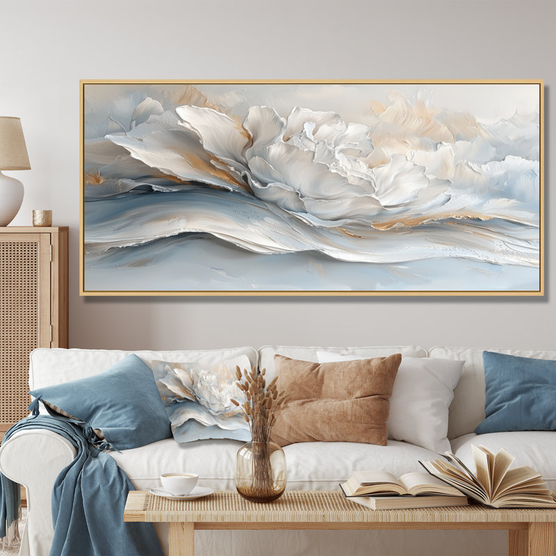 «Grey White Waves of Introspection III», art mural abstrait, H 28 po x l 60 po, Toile tendue, Ne s’applique pas