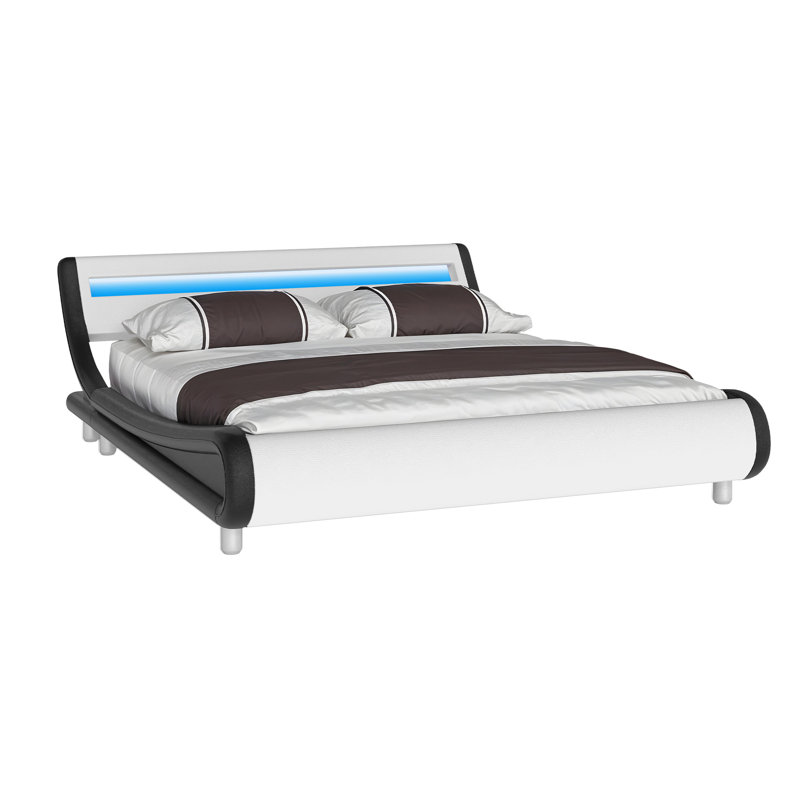 King Bed Frame Upholstered Led Bed Frame With Lights & Storage Charging Station